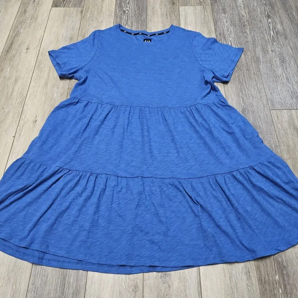 Gap Tiered Short Sleeve Crew Neck Babydoll Mini Dress Nautical Blue Women's XXL